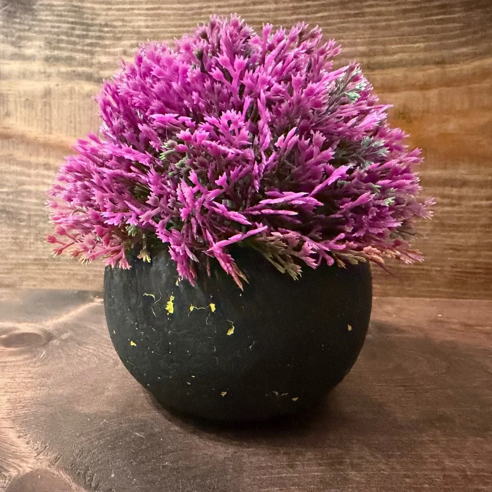 Faux Purple Plant in Textured Black Distressed Round Pot Decorative Accent